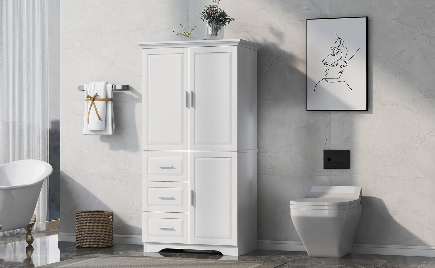 Tall and Wide Storage Cabinet with Doors, Three Drawers for Bathrooms and Offices, White Finish