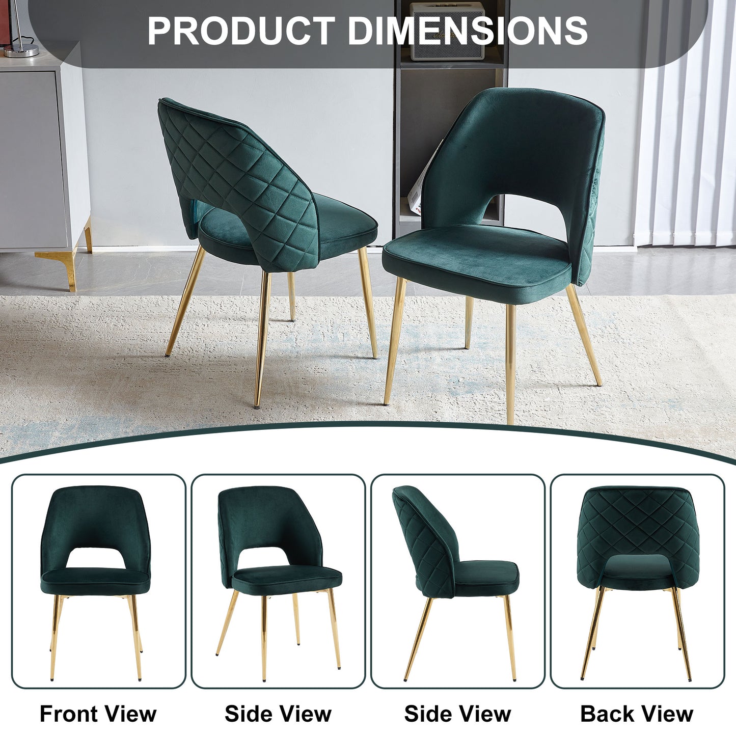 Dark Green Velvet Dining Chairs with Metal Legs and Hollow Back, Set of 4 for Modern Dining Rooms