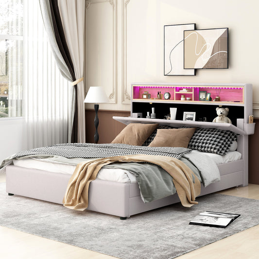 Queen Size Upholstered Platform Bed with Storage Headboard, LED Lights, USB Charging, and 2 Drawers, Beige