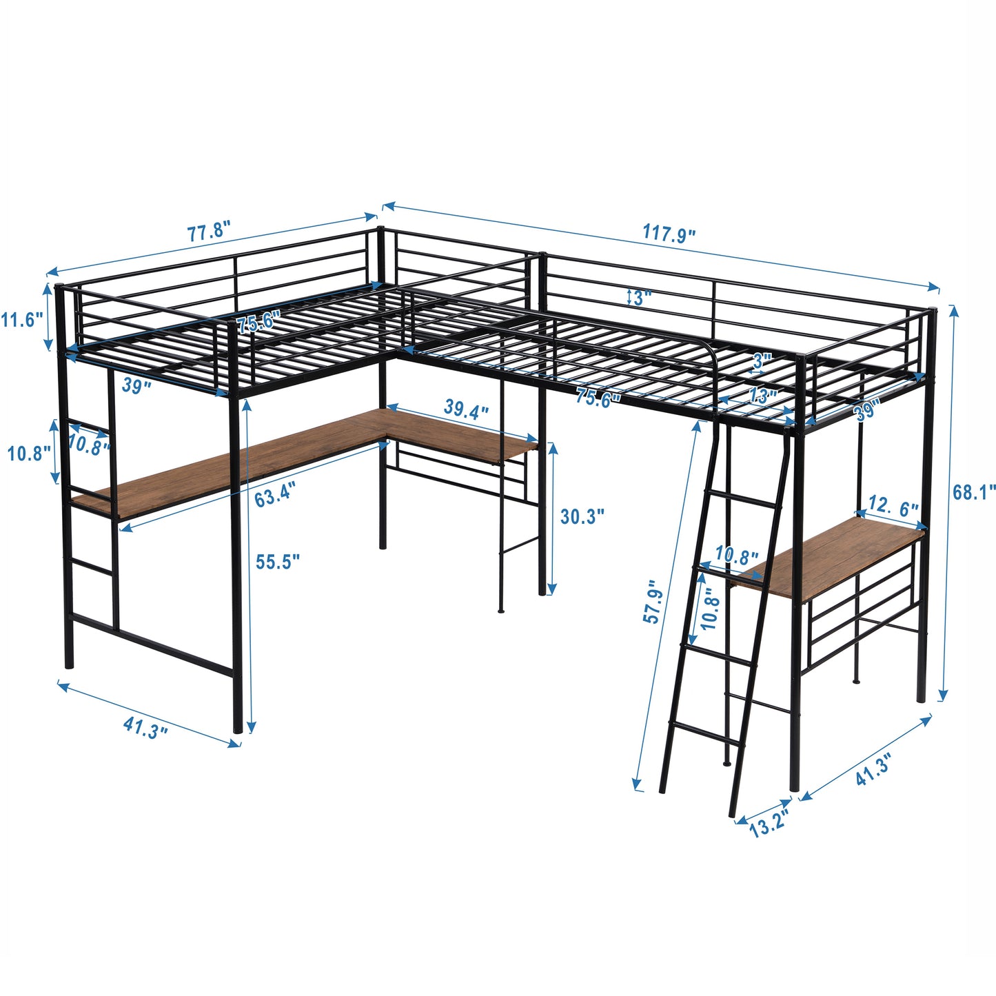 Twin Size Metal Loft Bed with Two Built-in Desks Black