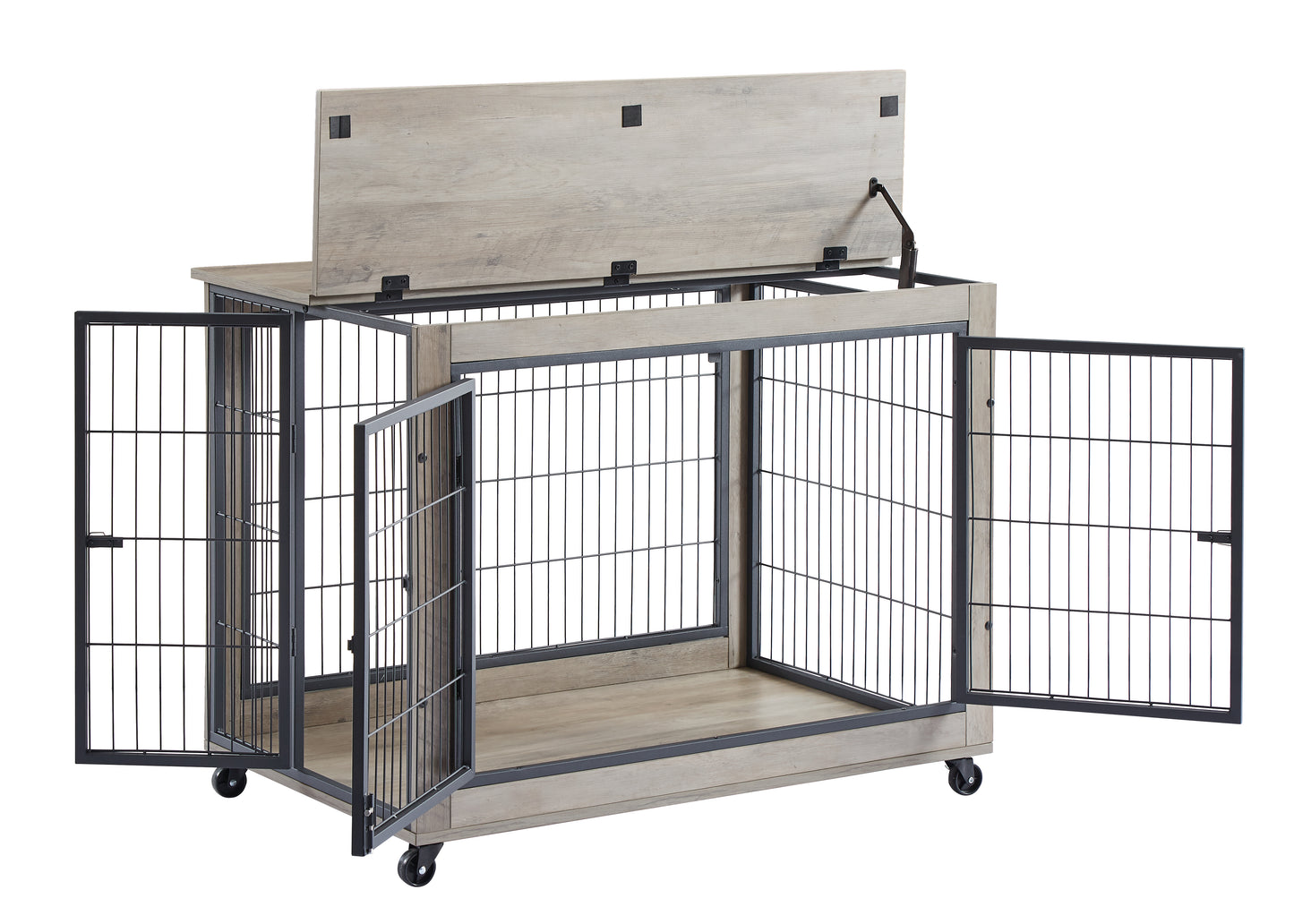 Furniture Style Dog Crate Side Table on Wheels with Double Doors and Lift Top.Grey,38.58''w x 25.5''d x 27.36''h