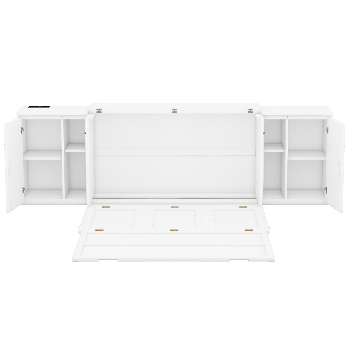 Cama plegable tamaño queen con estantes, gabinetes y puertos USB, acabado blanco para habitaciones que ahorran espacio