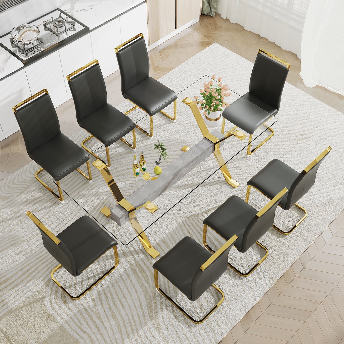 Mesa de comedor moderna de vidrio templado, escritorio de oficina grande con patas de metal chapado en oro y barras transversales de MDF