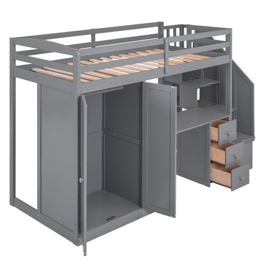 Twin Size Loft Bed with Wardrobe and Staircase  Desk and Storage Drawers and Cabinet in 1 Gray