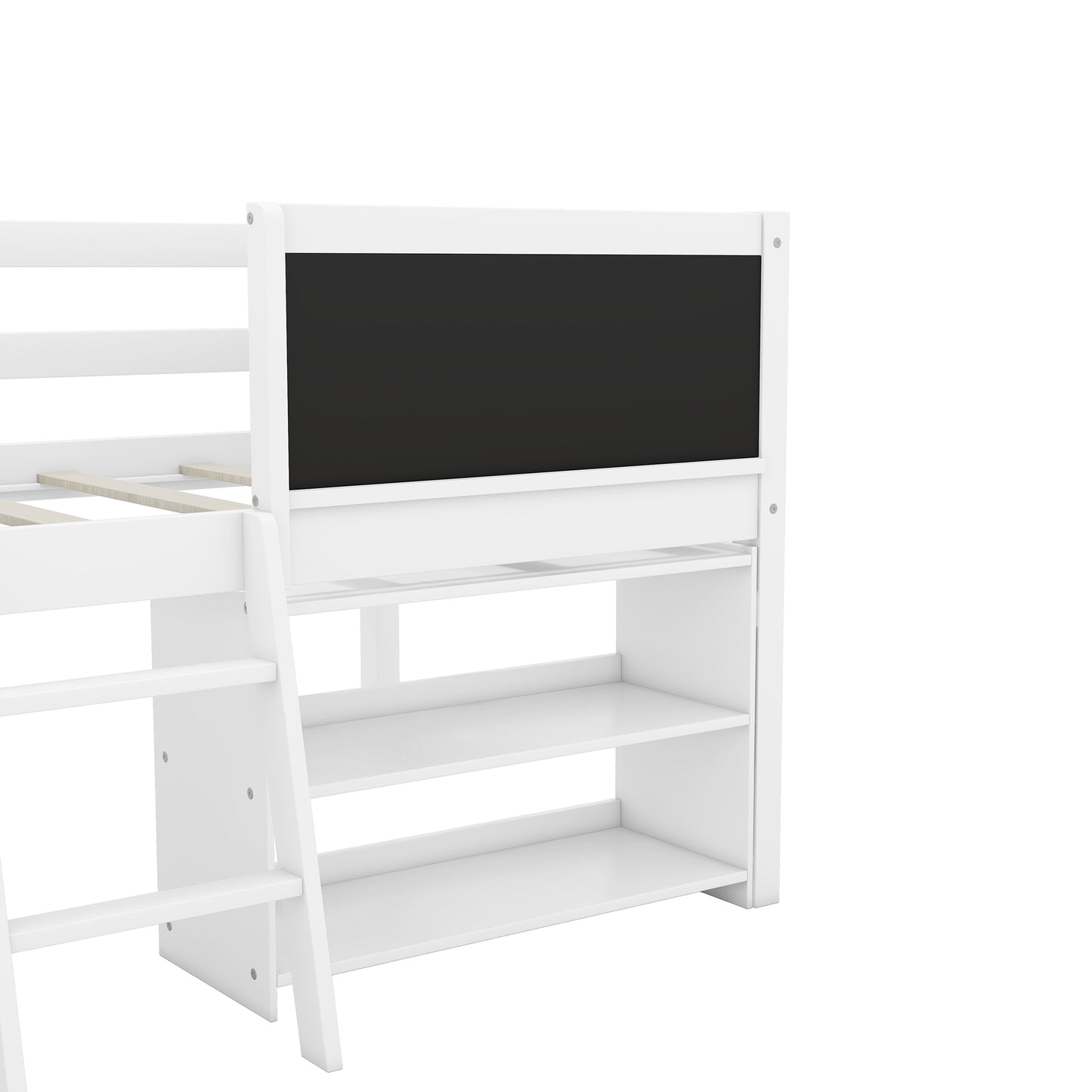 Twin Size Low Loft Bed with Two Movable Shelves and Ladder,with Decorative Guardrail Chalkboard,White