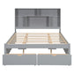 Queen Size Platform Bed with Storage Headboard and 2 Drawers, Gray