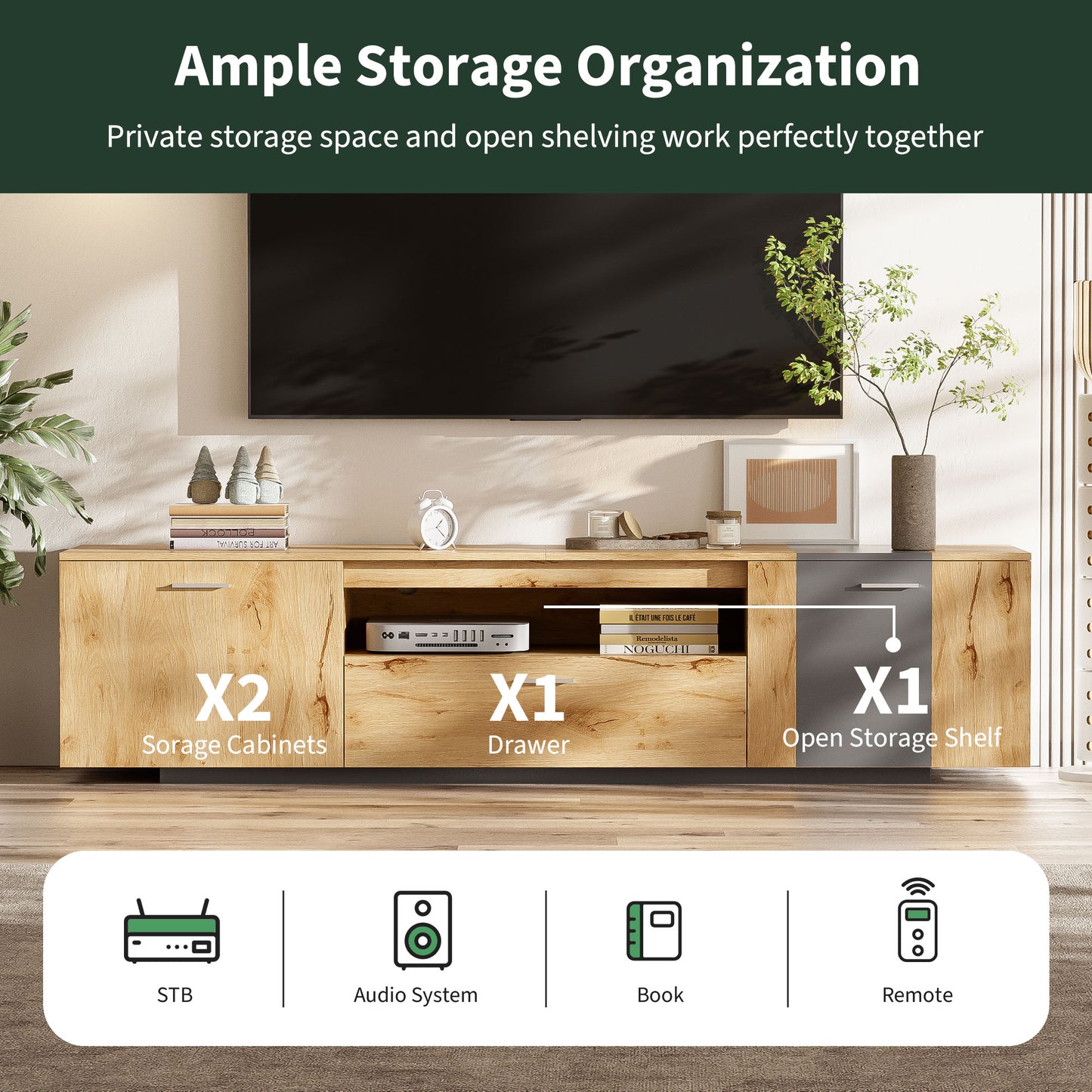 70-Inch Modern TV Stand with 3 Cabinets and Drawers, Entertainment Center for TVs Under 80 Inches