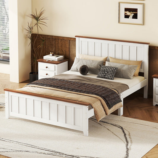 Full Size Wood Platform Bed Wooden Slat Support, Vintage Simple Bed Frame with Rectangular Headboard and Footboard, White