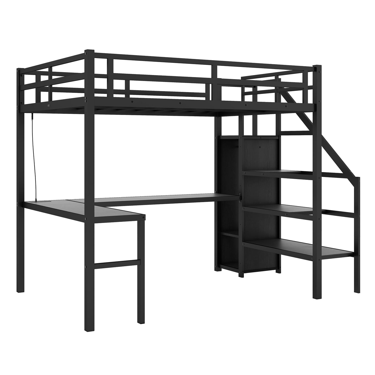 Cama alta de tamaño completo con escritorio en forma de L, puerto USB, armario y estante ajustable, color negro