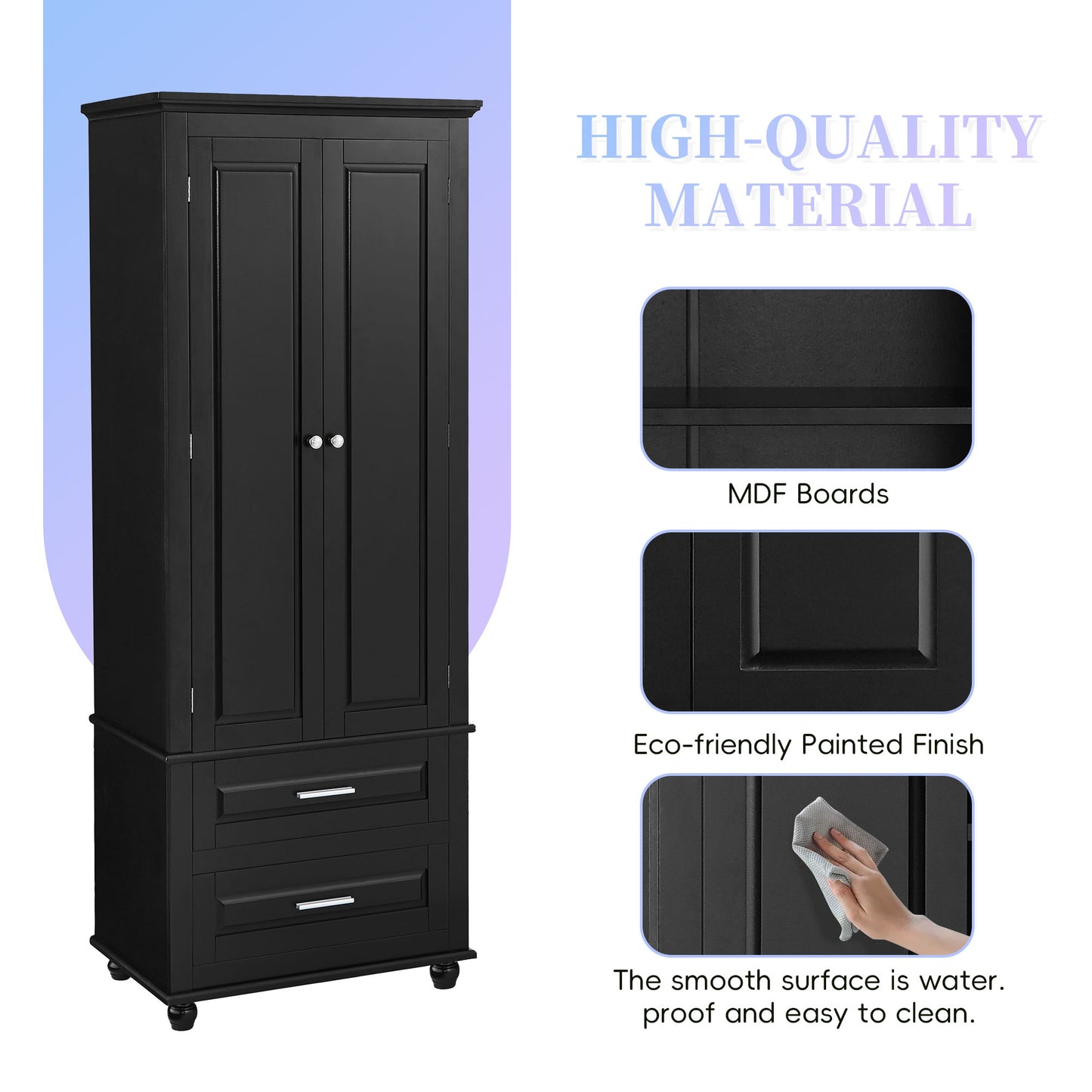 Tall Storage Cabinet with Two Drawers, Perfect for Bathrooms and Offices, Black Finish