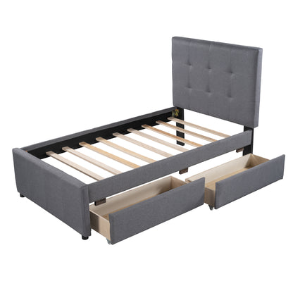 Linen Platform Bed with Headboard Twin