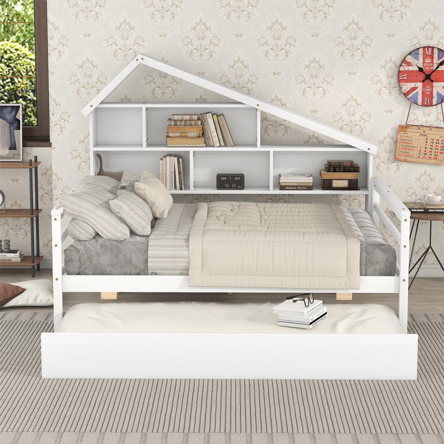 Full Size Platform Bed with Trundle and Shelves, White