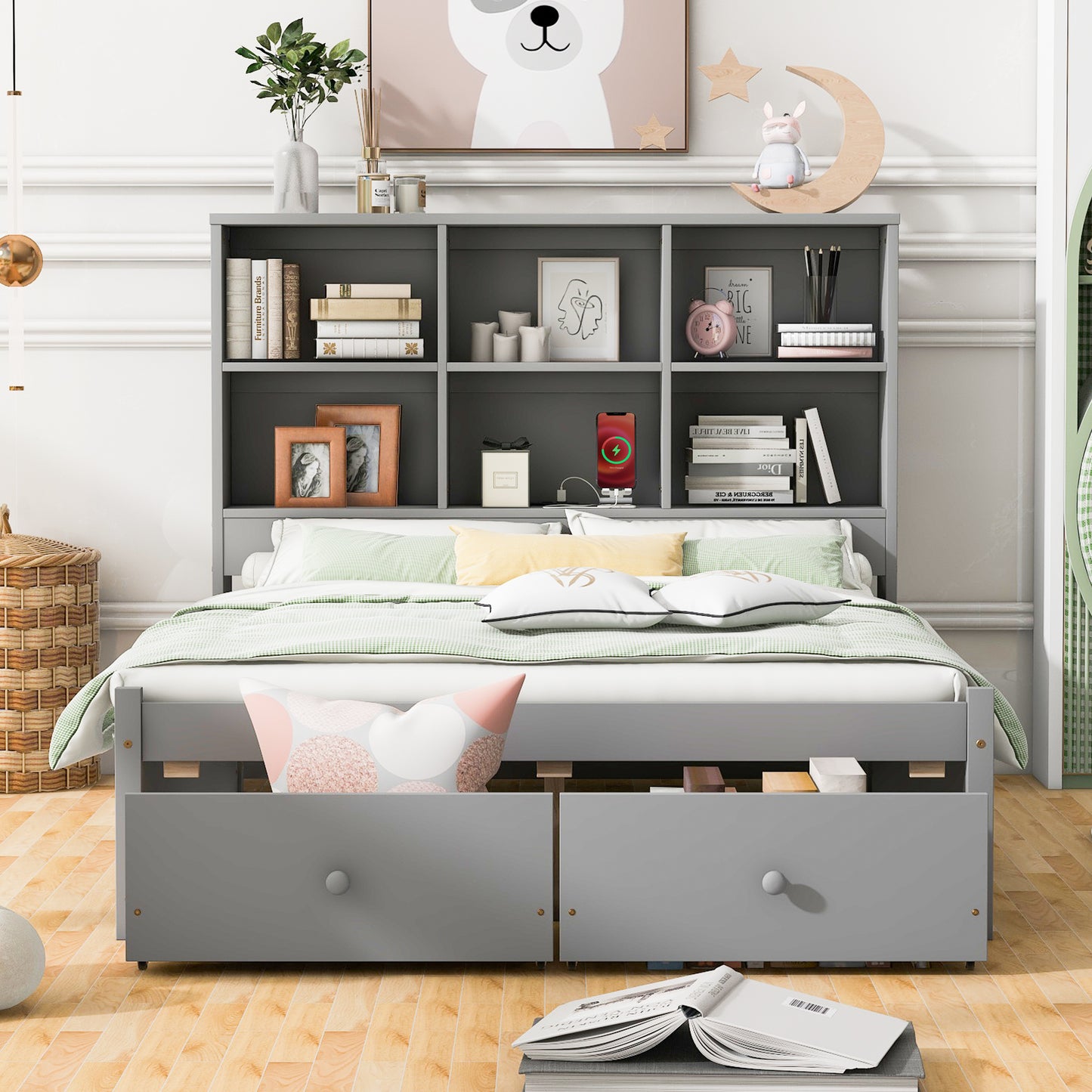 Full Size Platform Bed with Storage Headboard, Charging Station and 2 Drawers, Gray