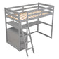 Twin Size Loft Bed with Desk and Shelves, Two Built-in Drawers, Gray