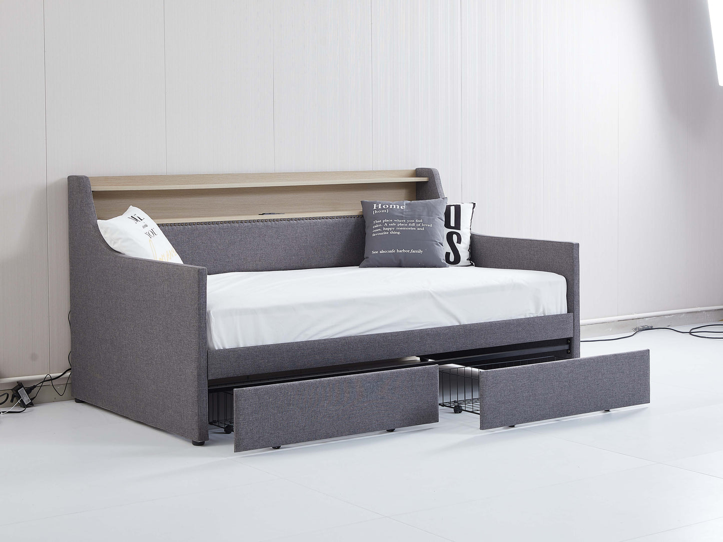 Twin Size Daybed with Storage Drawers, Upholstered Daybed with Charging Station and LED Lights, Gray