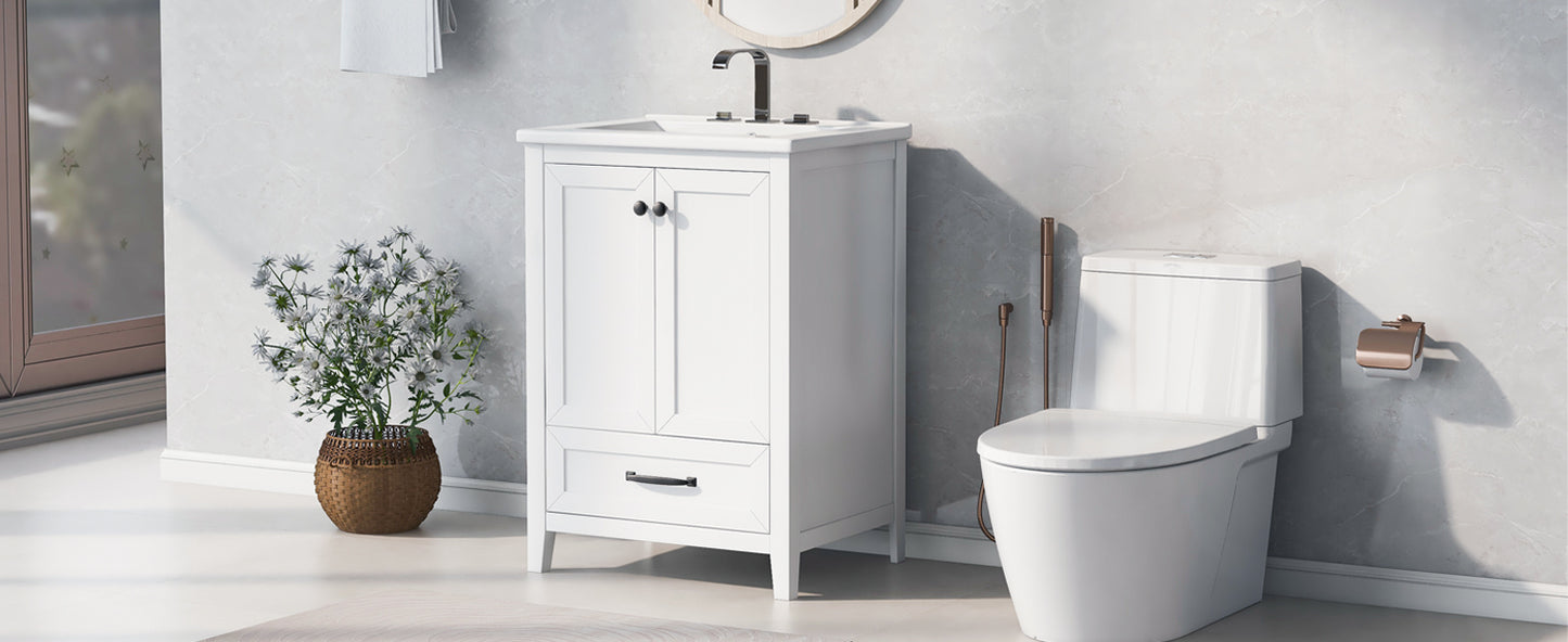 24" Bathroom Vanity with Sink, Solid Wood and MDF Cabinet with One Drawer and Doors, White Finish