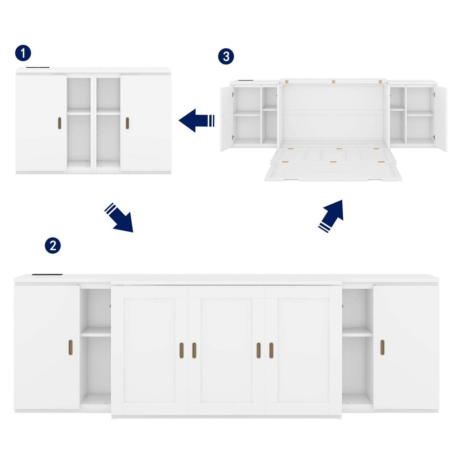 Cama plegable de tamaño completo con estantes, gabinetes y puertos USB, diseño que ahorra espacio en acabado blanco