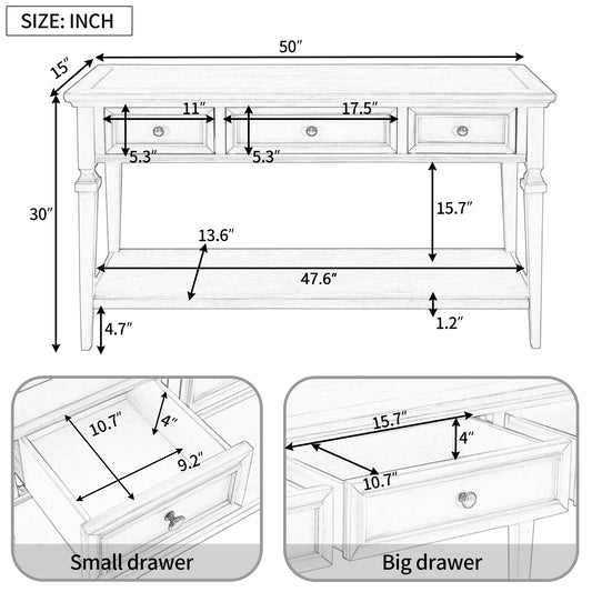 TREXM Classic Retro Style Console Table with Three Top Drawers and Open Style Bottom Shelf (Gray Wash)