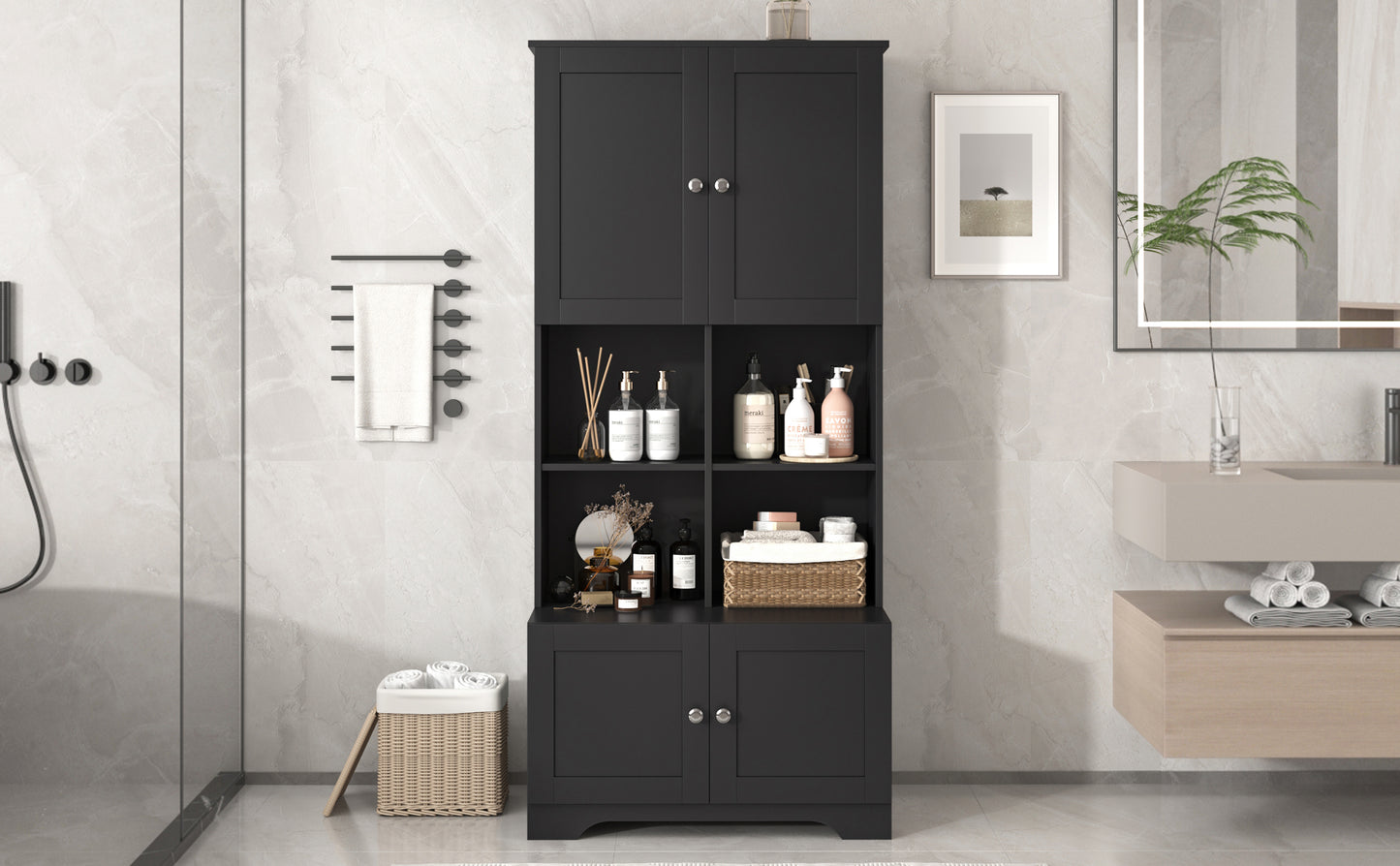 Bathroom storage cabinet, 4-door independent cabinet, adjustable shelf, open multi-layer shelf, black