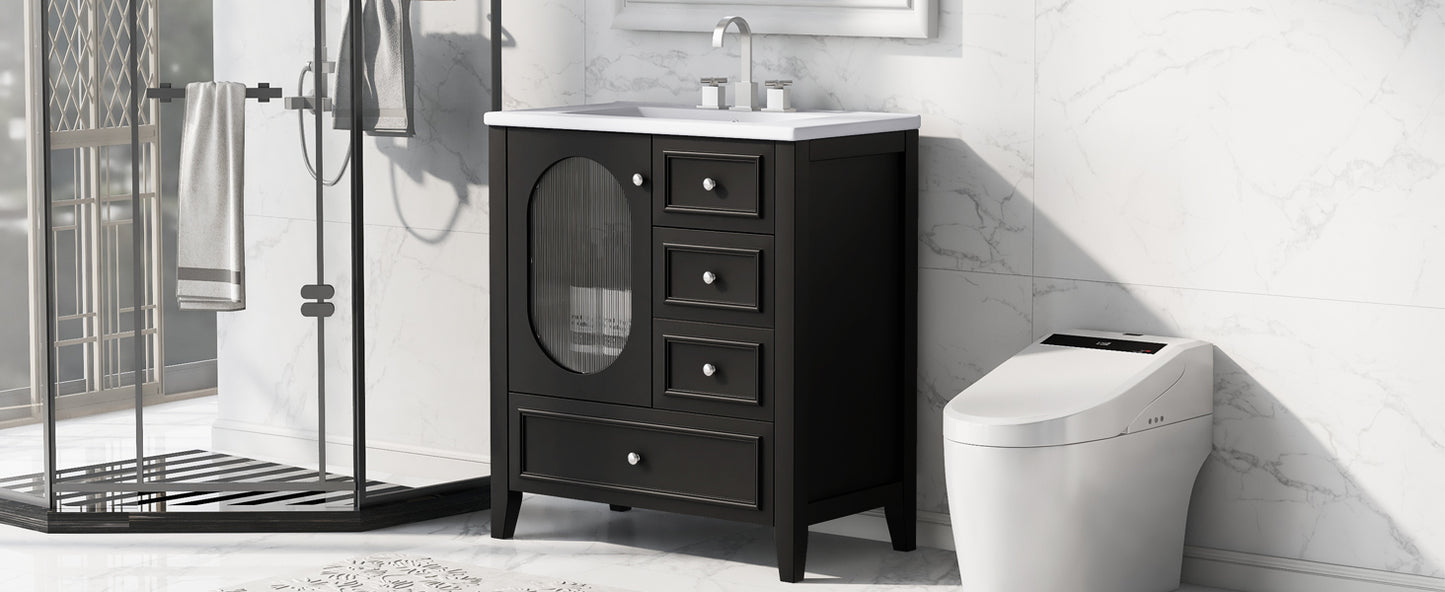 Bathroom Vanity with Sink, Bathroom Vanity Cabinet with Three Drawers and Door, Solid Wood and MDF, Black