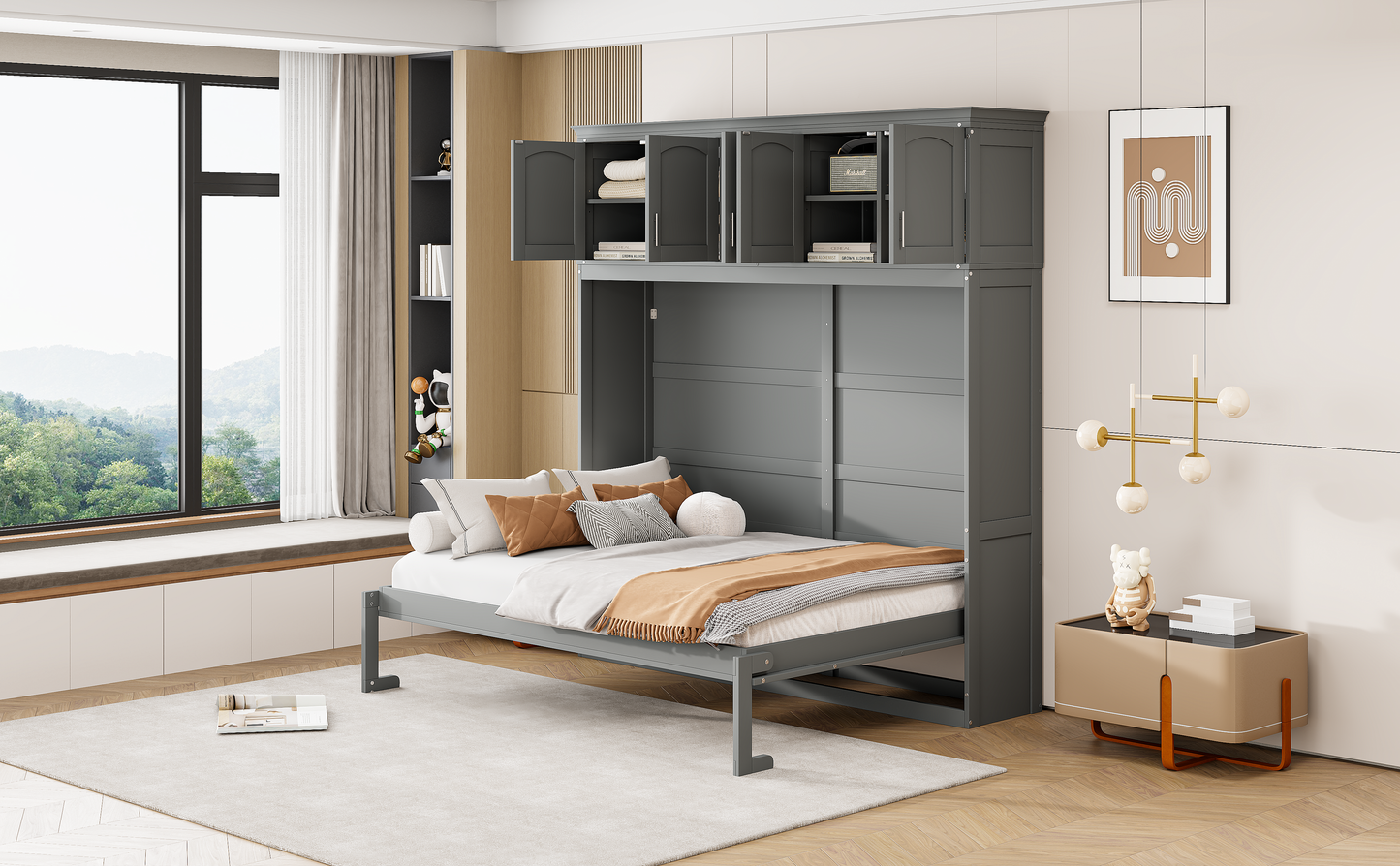 Full Size Murphy Bed Wall Bed with Top Cabinets, Gray Finish for Space-Saving Bedrooms