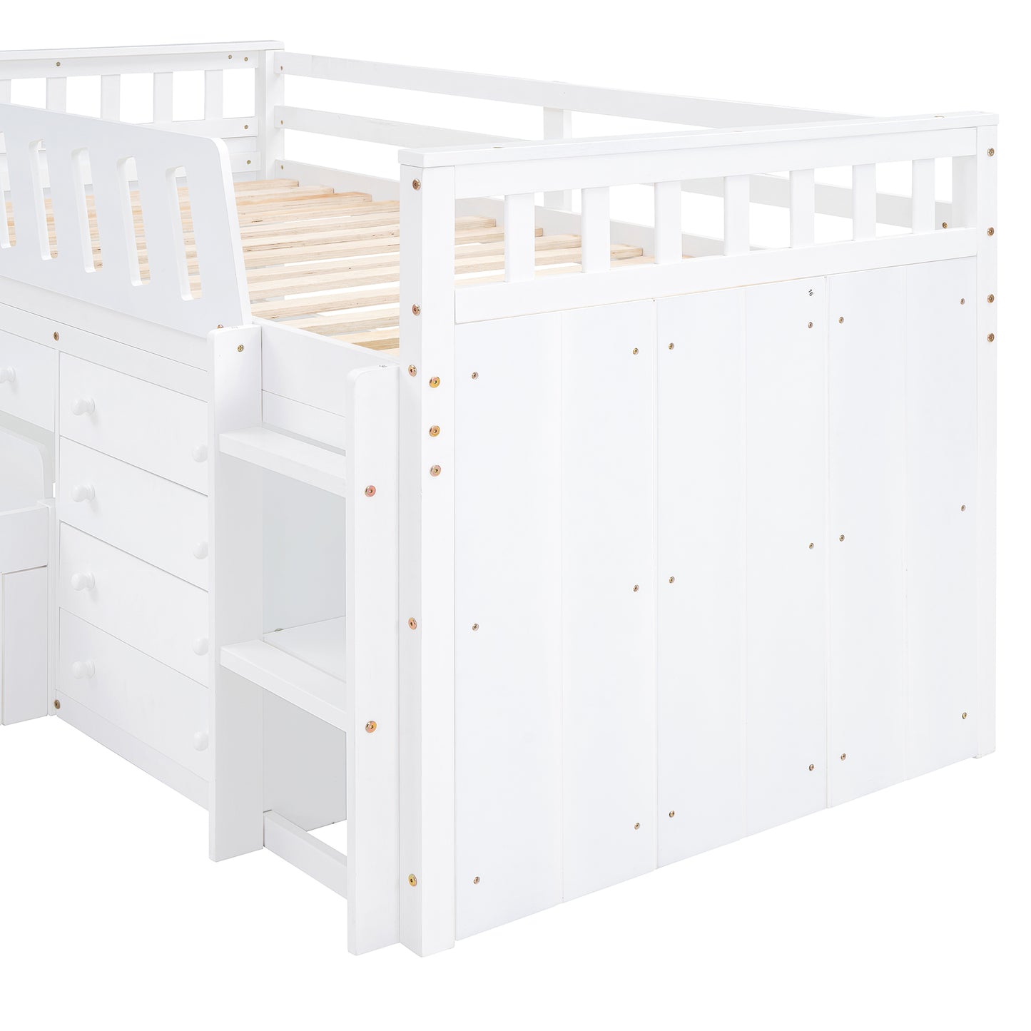 L-shaped Space-Saving Twin Loft and Twin Platform Bed with 7 Drawers and Full Guardrails(WHITE)