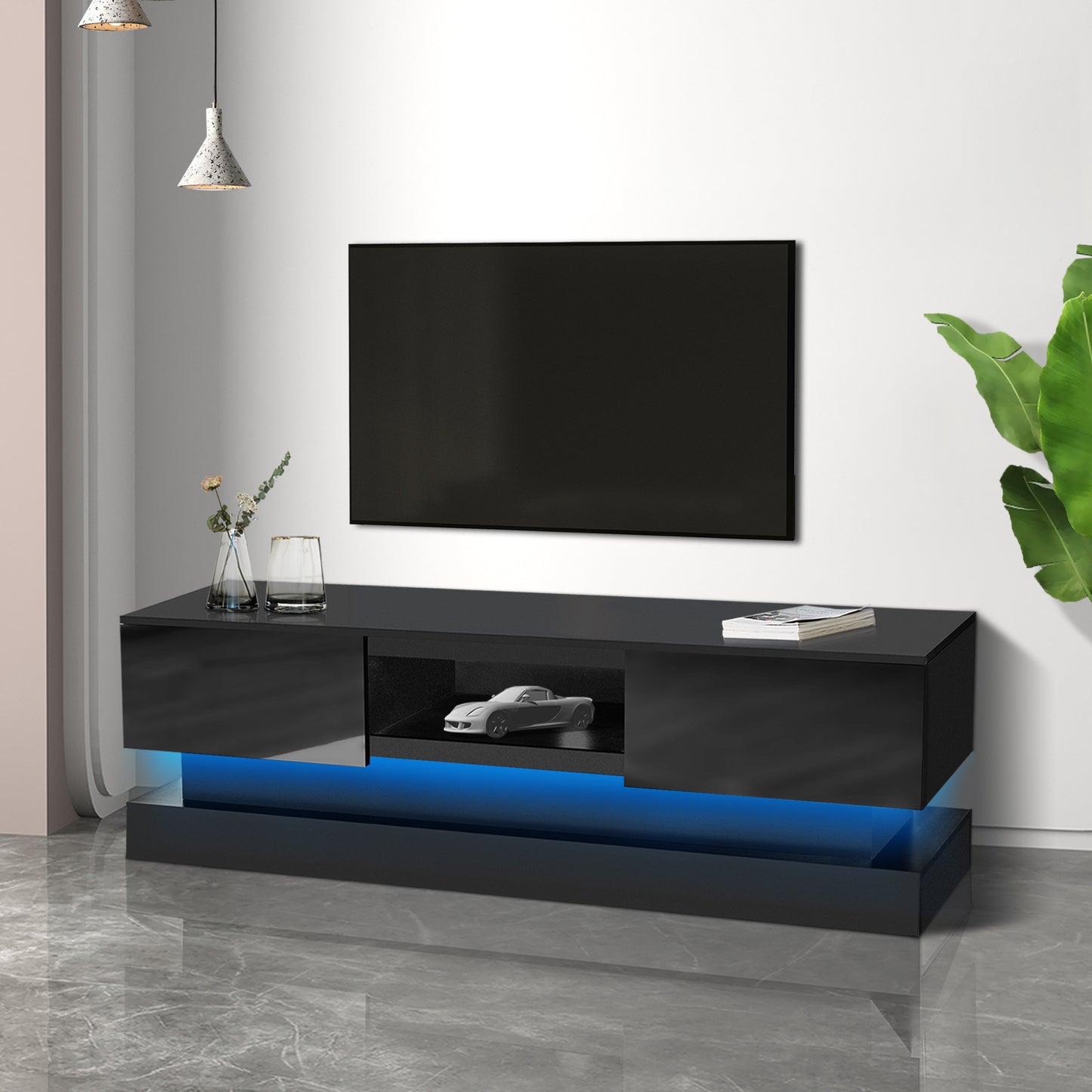 51.18inch Black morden TV Stand with LED Lights high glossy front TV Cabinet color:BLACK