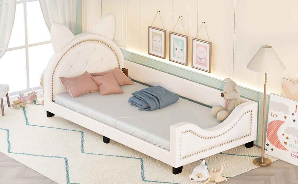 Twin Size Upholstered Daybed with Carton Ears Shaped Headboard  White