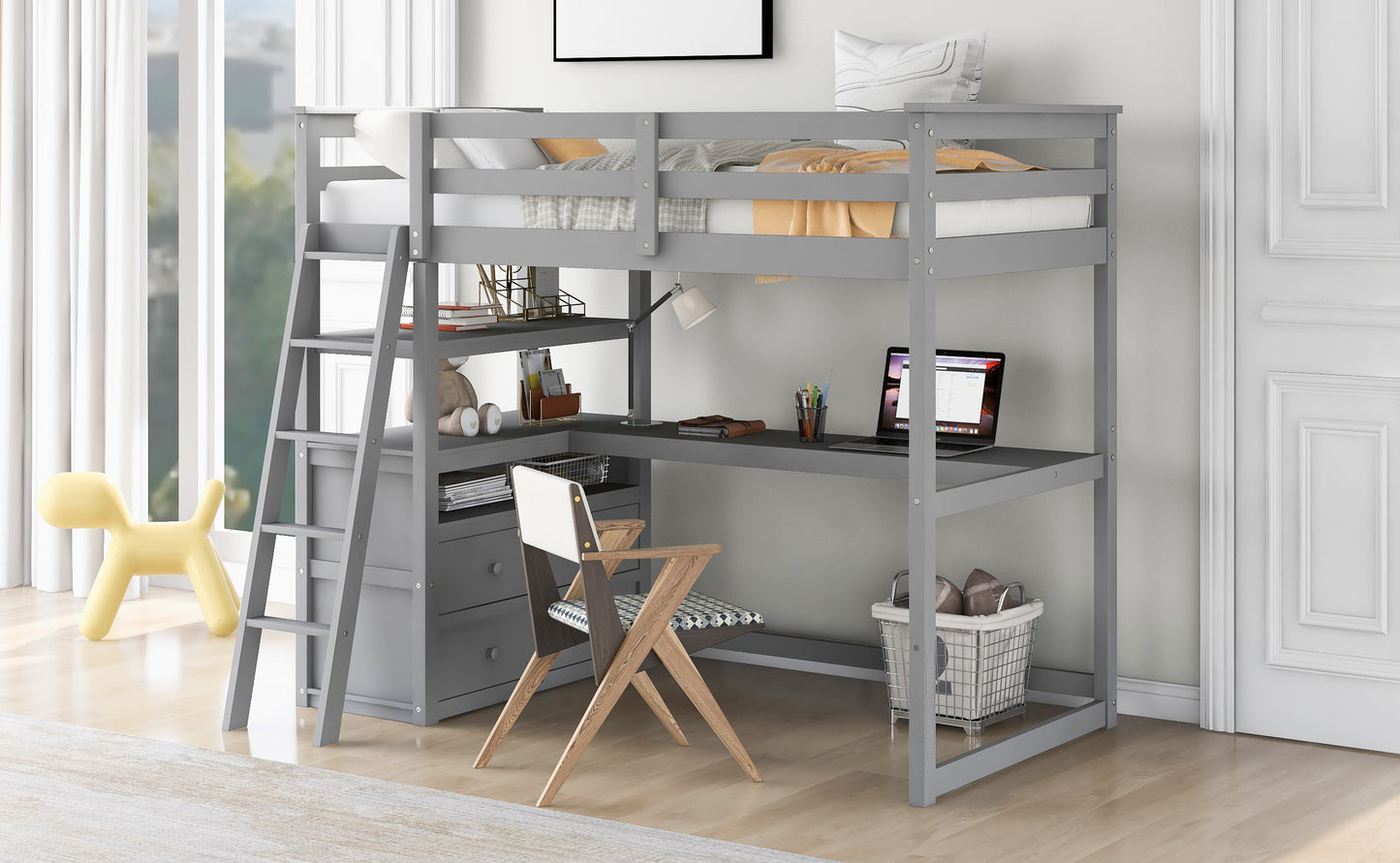 Twin Size Loft Bed with Desk and Shelves, Two Built-in Drawers, Gray