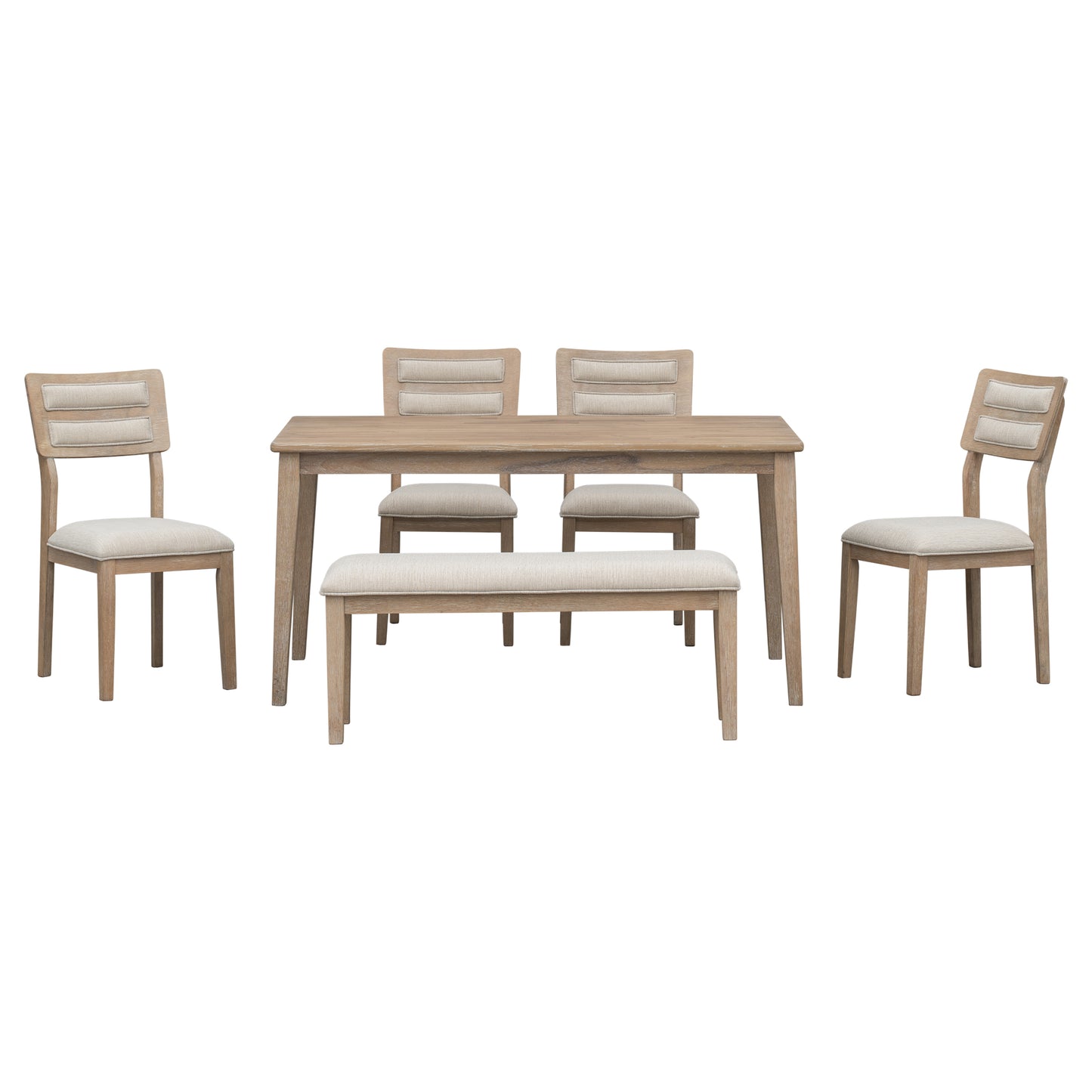 TREXM Classic 6-Piece Dining Set with Table, 4 Upholstered Chairs, and Bench, Natural Wood Wash