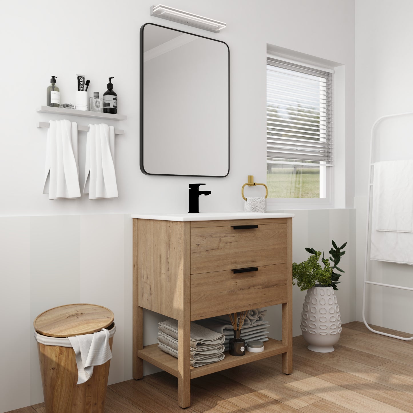 Mueble de baño de 30 pulgadas con construcción de madera contrachapada y 2 cajones, diseño moderno para baños