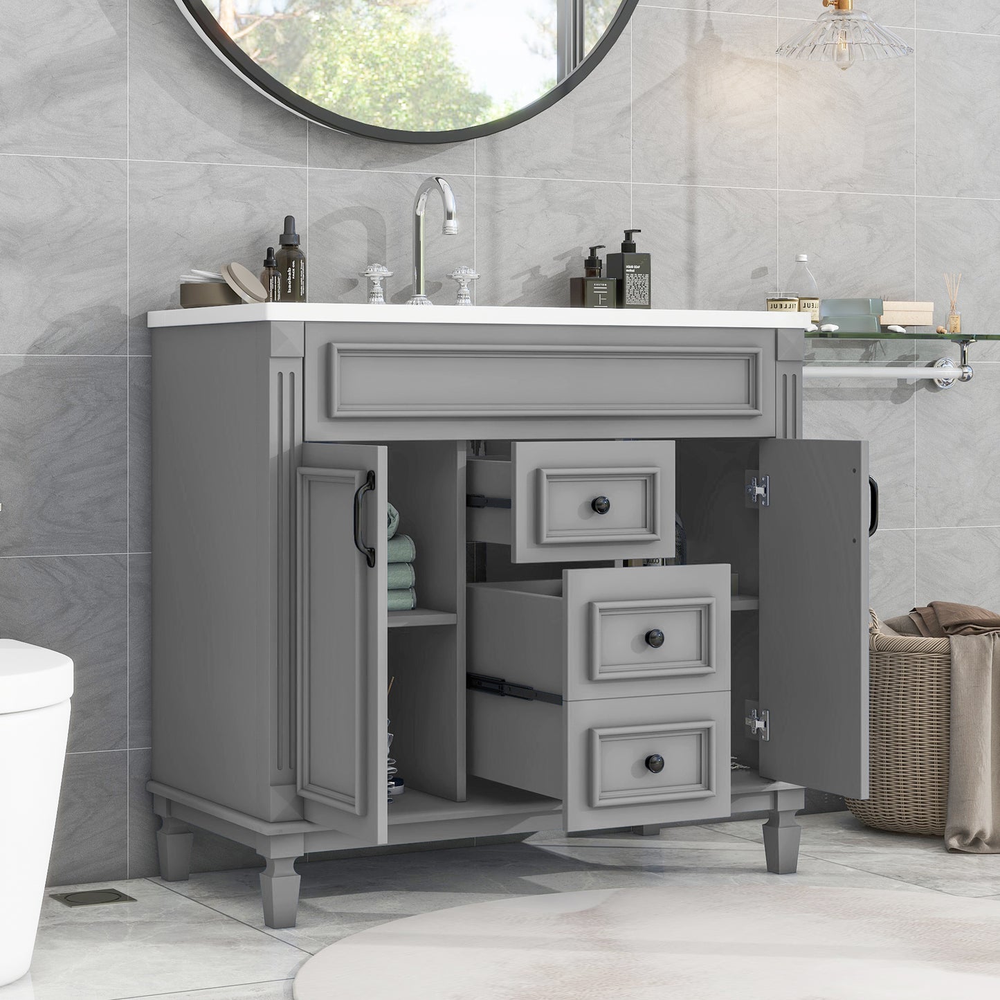 Tocador de baño de 36" con lavabo superior, gabinete de almacenamiento moderno con 2 puertas de cierre suave y 2 cajones