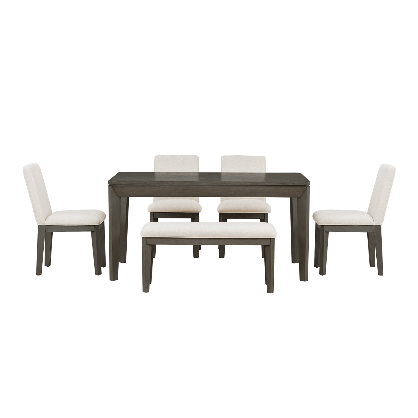 Juego de mesa de comedor TOPMAX de 6 piezas con sillas y banco tapizados, patas cónicas estilo rústico, gris oscuro y beige