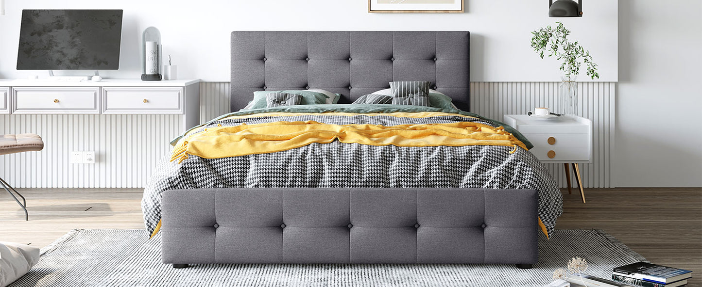 Upholstered Platform Bed with Classic Headboard and 4 Drawers Linen Fabric Queen Size Dark gray