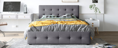 Linen Upholstered Platform Bed with Drawers Dark Gray