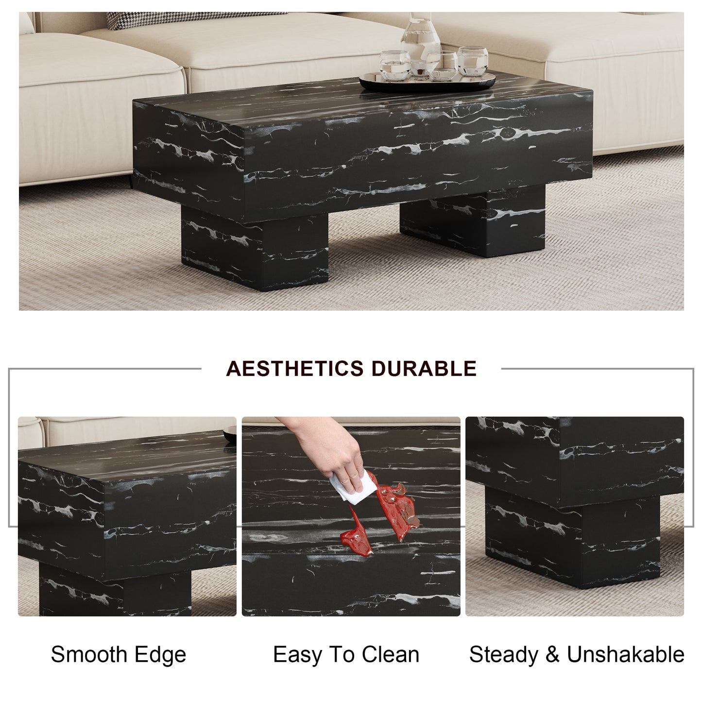 The black coffee table has patterns Modern rectangular table suitable for living rooms and apartments