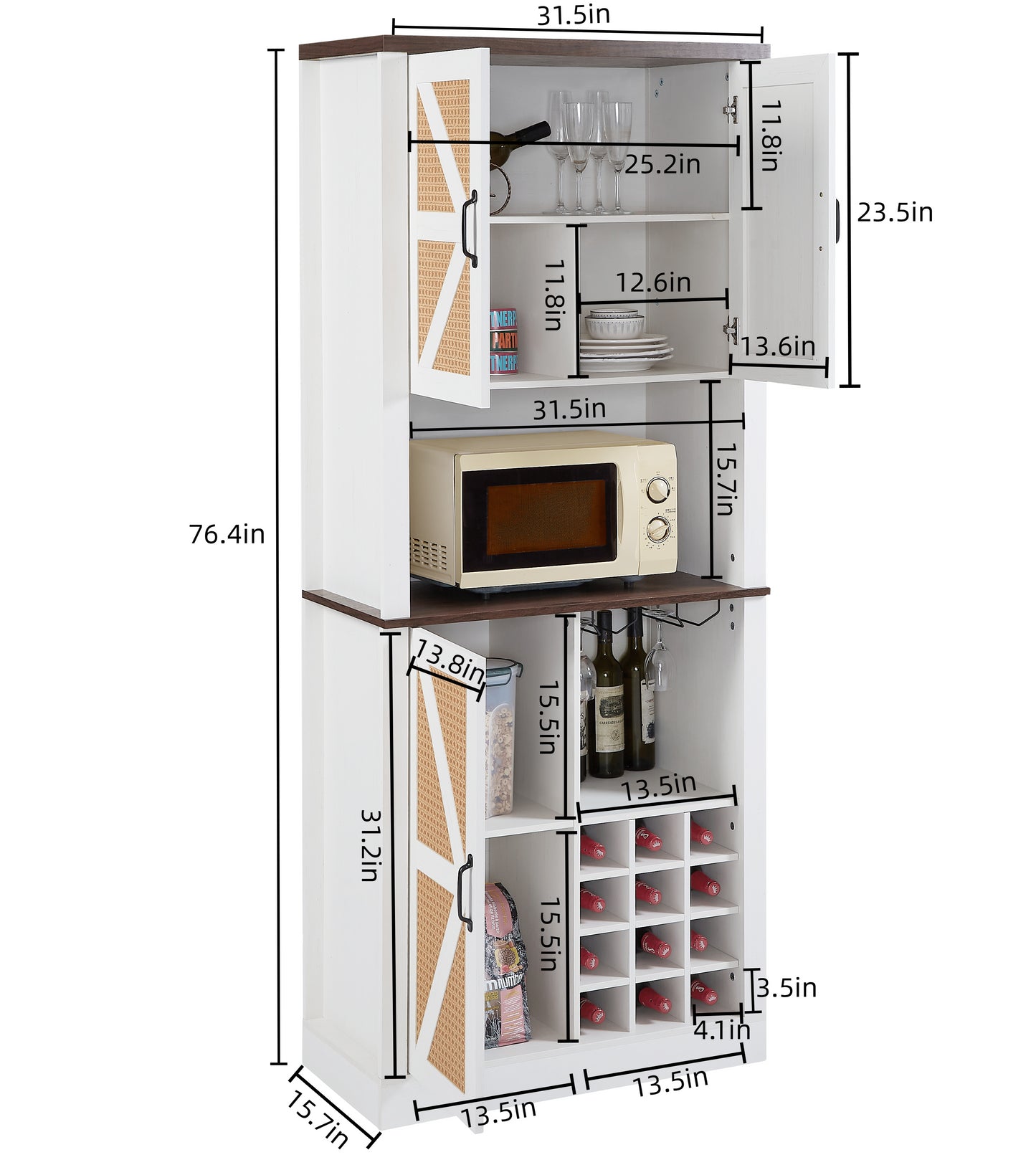 76-Inch Tall Farmhouse Kitchen Faux Rattan Wine Cabinet with Square Compartments and Shelves