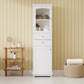 High bathroom storage cabinet with glass door, freestanding, two drawers and adjustable shelves, MDF board, painted white