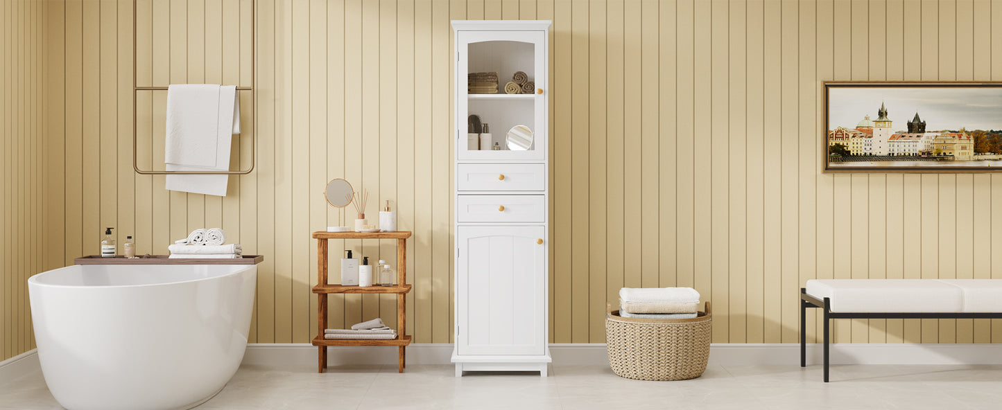 High bathroom storage cabinet with glass door, freestanding, two drawers and adjustable shelves, MDF board, painted white