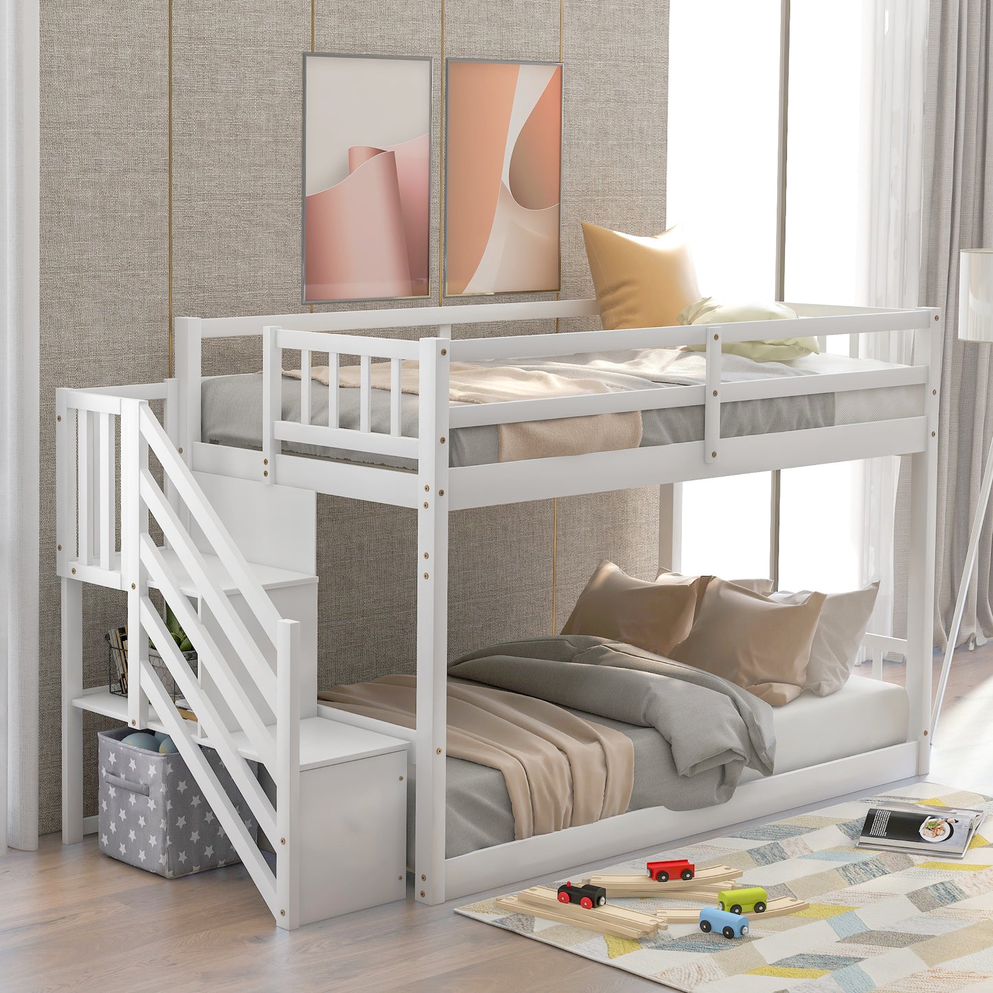 Twin over Twin Floor Bunk Bed, Ladder with Storage  White