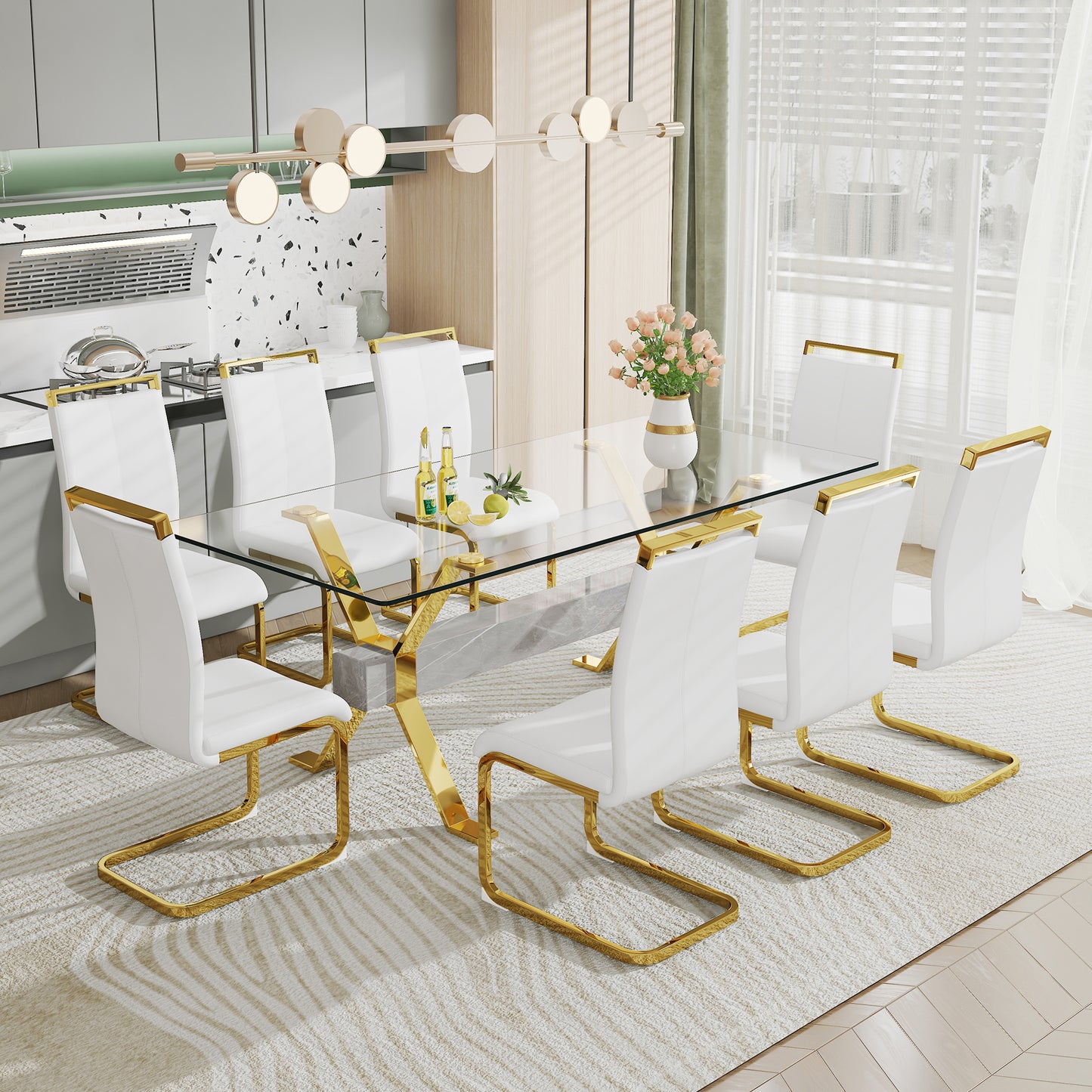 Mesa de comedor moderna de vidrio templado, escritorio de oficina grande con patas de metal chapado en oro y barras transversales de MDF