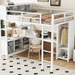 Metal loft bed with wardrobe and L-shaped desk, full-size loft bed with storage cabinet and shelf, white