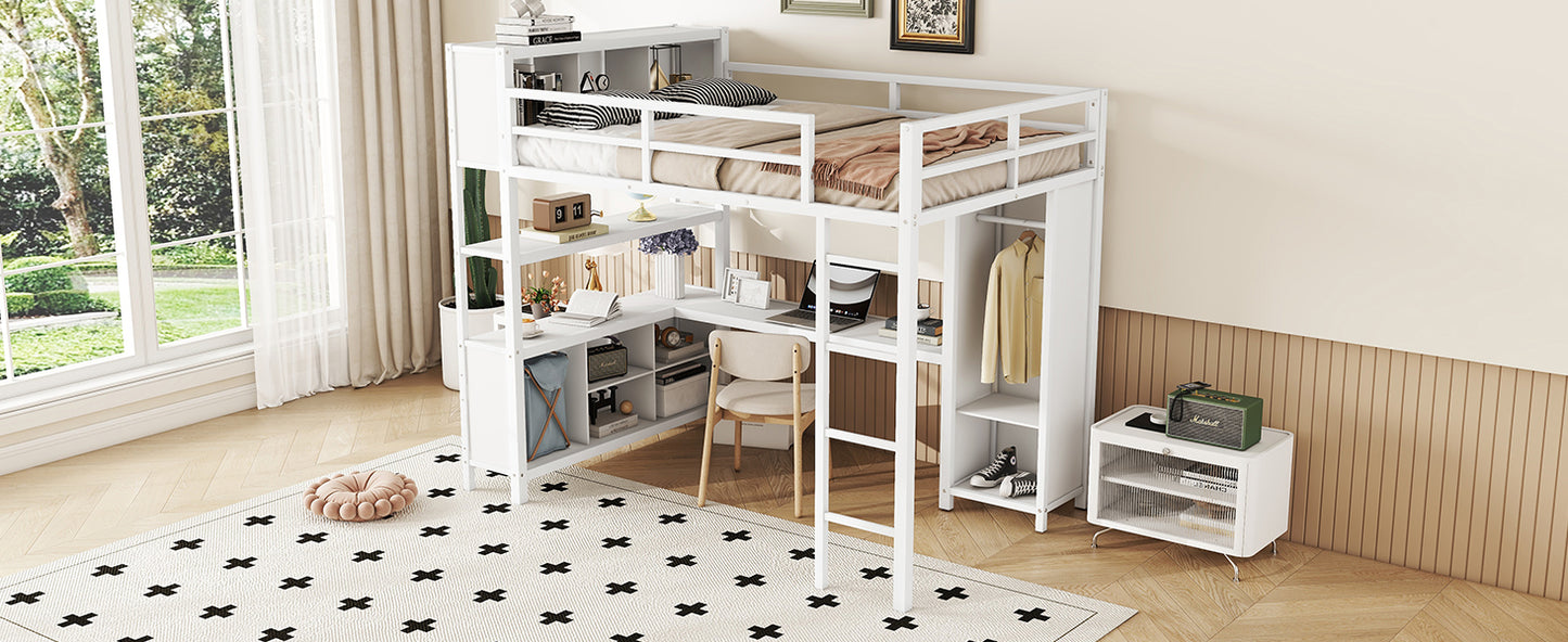 Metal loft bed with wardrobe and L-shaped desk, full-size loft bed with storage cabinet and shelf, white