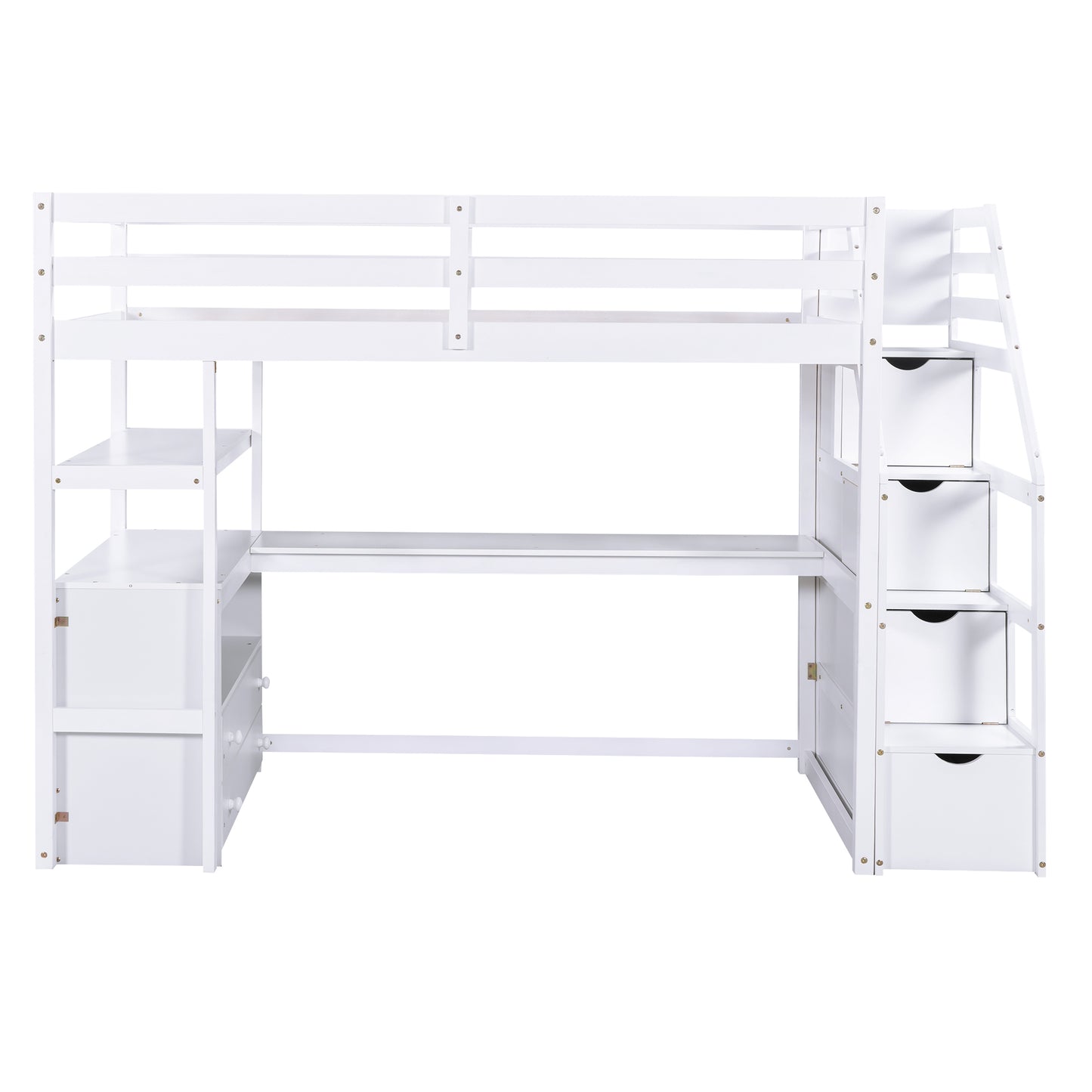 Twin Size Loft Bed with Desk and Shelves  Two Built-in Drawers  Storage Staircase White