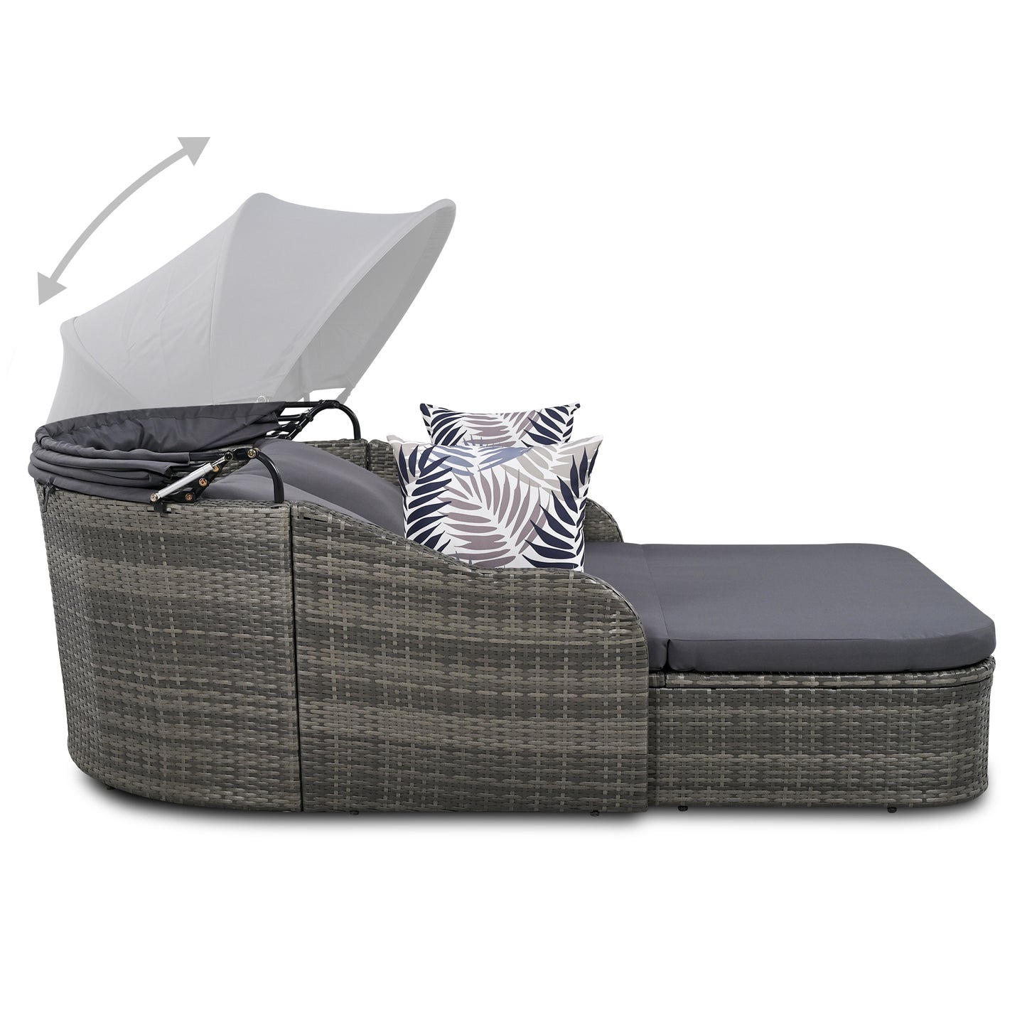 GO 79.9" Outdoor Sunbed with Adjustable Canopy, Double Lounge in Gray Wicker and Cushion