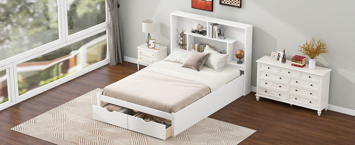 Full Size Platform Bed with Storage Headboard and 2 Drawers, White