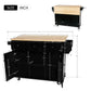 Kitchen trolley with rubber wood leaf countertop, 5-wheel kitchen island, storage cabinet and 3 dining drawers, black