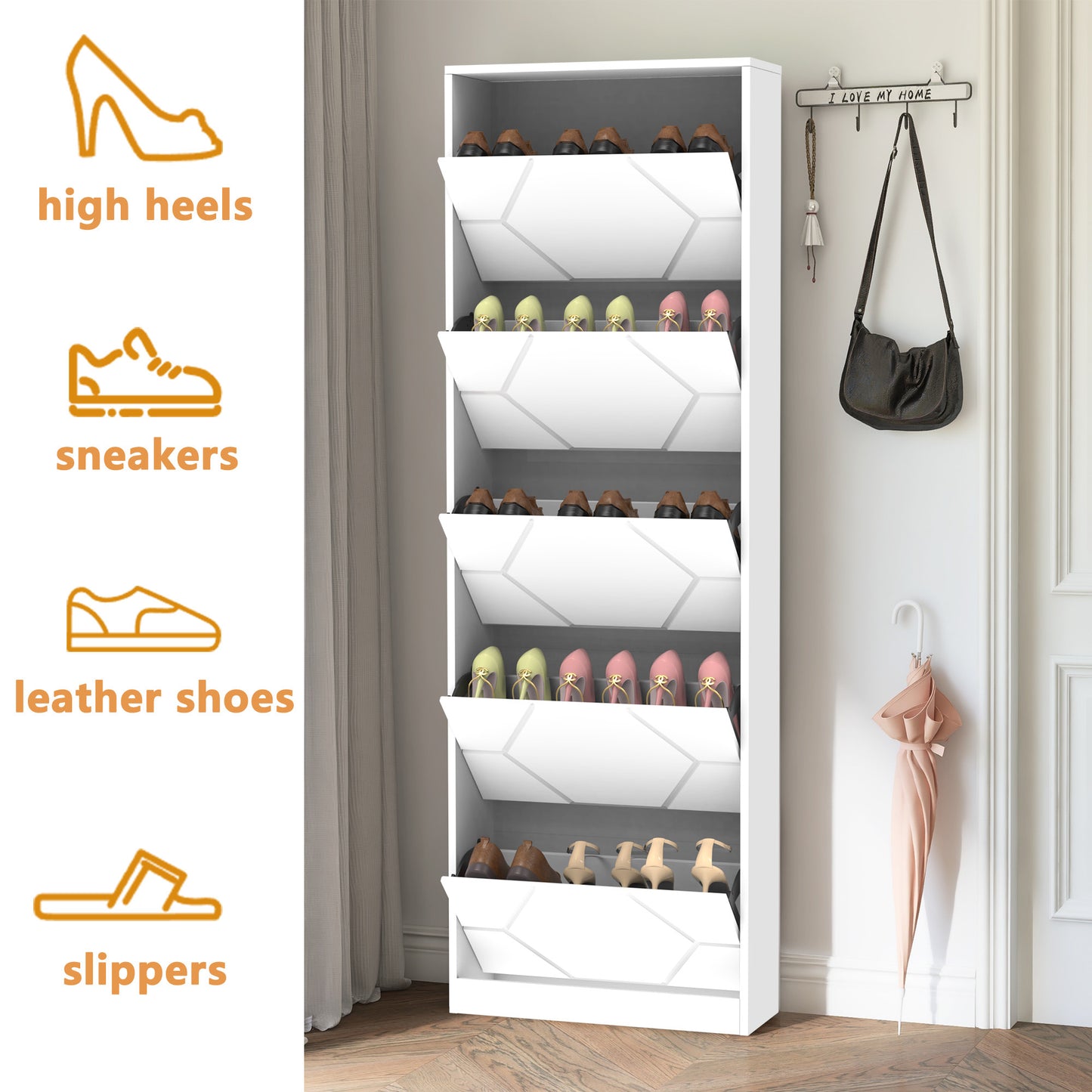 Shoe Storage Cabinet for Entryway, 5 Tiers Shoe Organizer with Carved Panels, Carving Shoe Closet,Vertical Shoe Cabinet