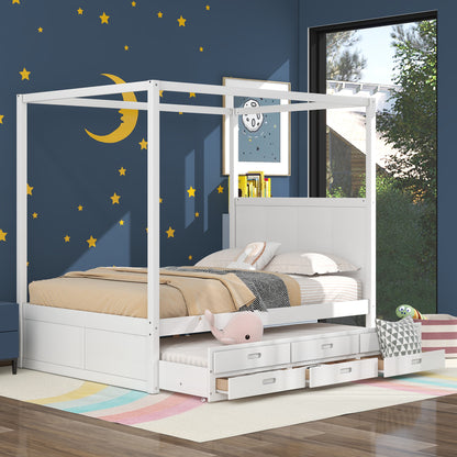 Queen Size Canopy Platform Bed with Twin Size Trundle and Three Storage Drawers White