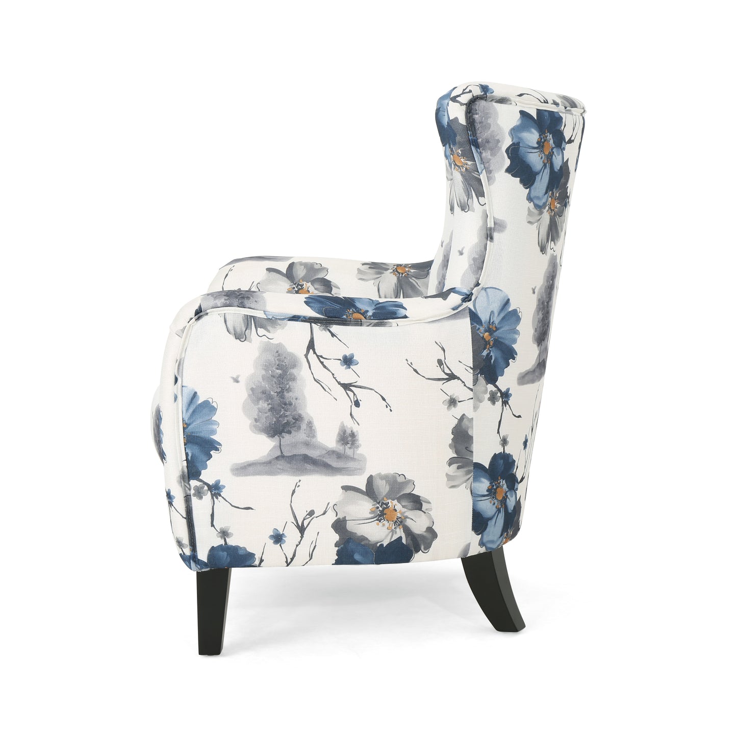 Sillón moderno de tela estampada retro, sillón con estampado blanco y azul para salas de estar